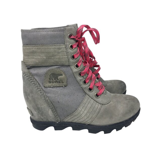 Sorel Lexie Wedge Lace Up Bootie Leather Canvas Quarry Gray Women's Size 8.5 - Picture 1 of 15